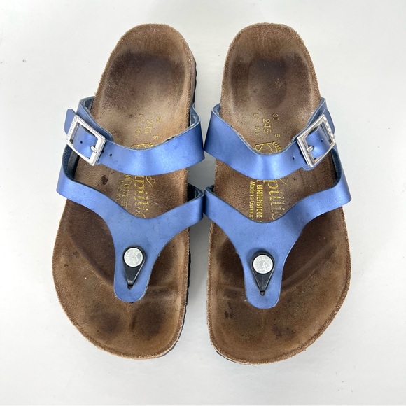 BIRKENSTOCK Papillion Metallic Blue Leather Buckle Flat Thong Sandals Sz 38 - Picture 3 of 14